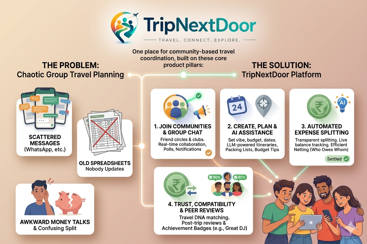 TripNextDoor — One place for community-based travel coordination. Join communities, create plans with AI assistance, automated expense splitting, and trust-based peer reviews.